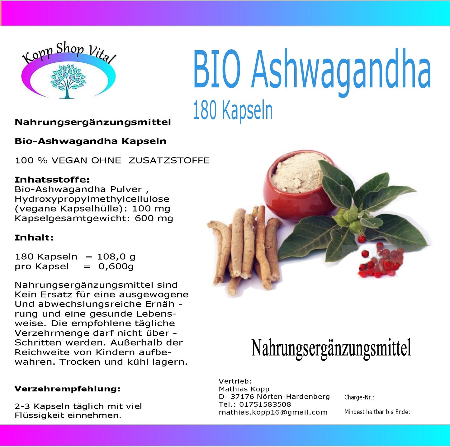 Bio Ashwagandha Kapseln 180 Kapseln (Nachfüllpack)