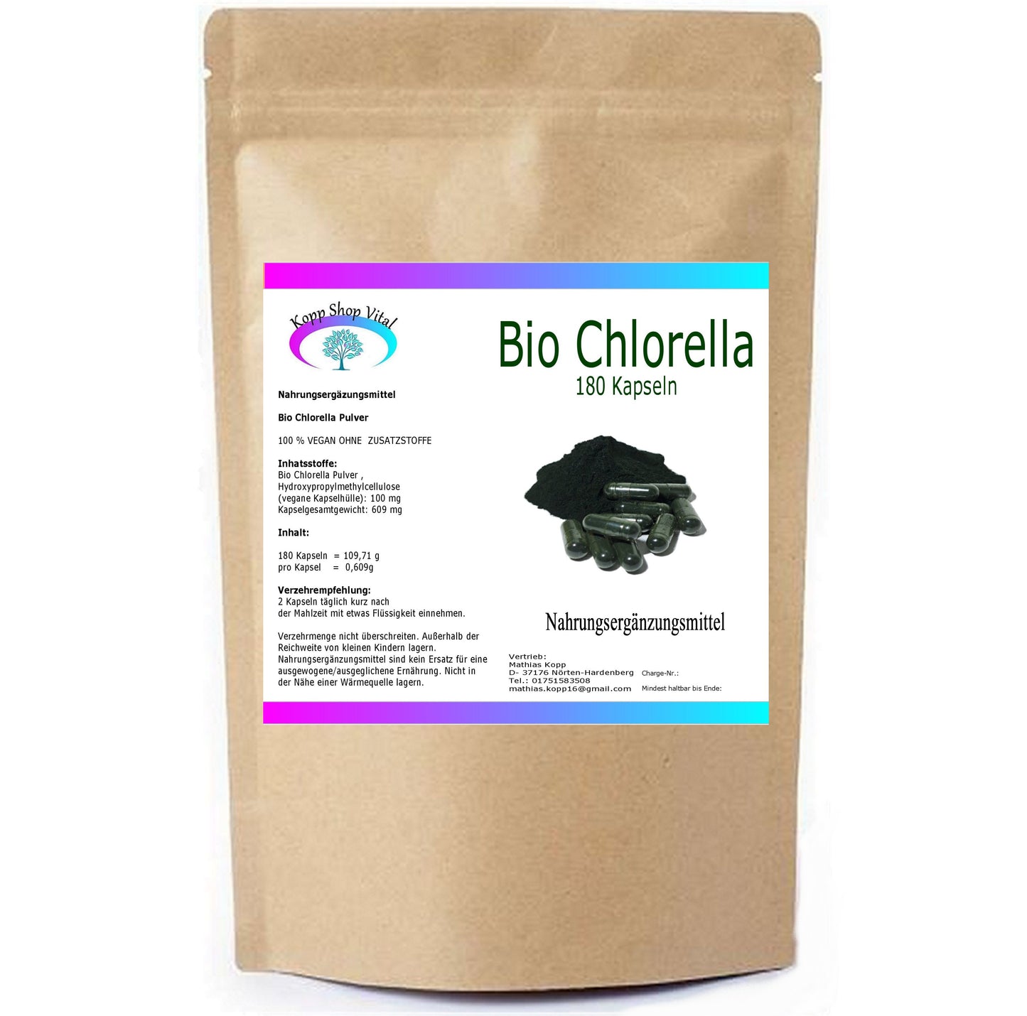 Bio-Chlorella 180 Kapseln (Nachfüllpack) – Produktfoto