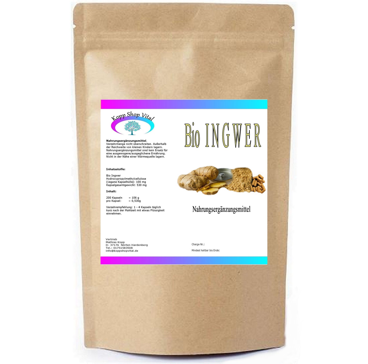 Bio Ingwerwurzel-Pulver 200 Kapseln (Nachfüllpack) – Produktfoto
