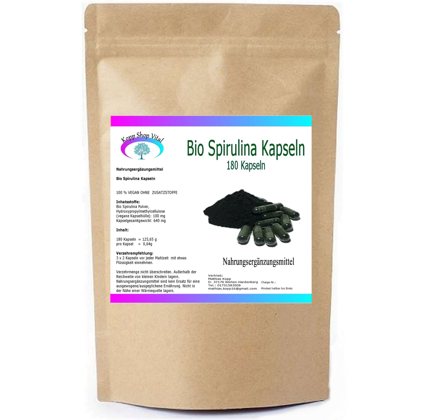Bio Spirulina 180 Kapseln (Nachfüllpack) – Produktfoto