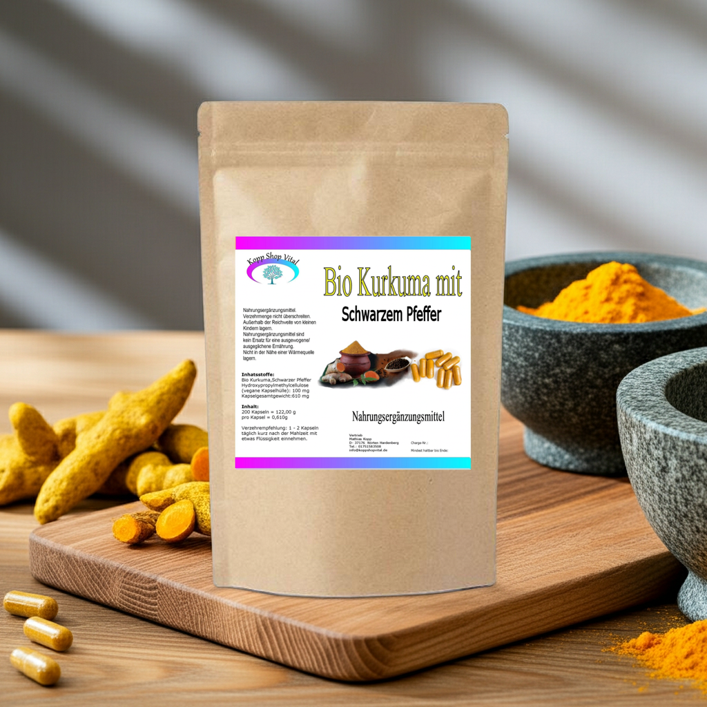 Bio Kurkuma Pulver mit Bio Schwarzen Pfeffer  200 Kapseln (Nachfüllpack)