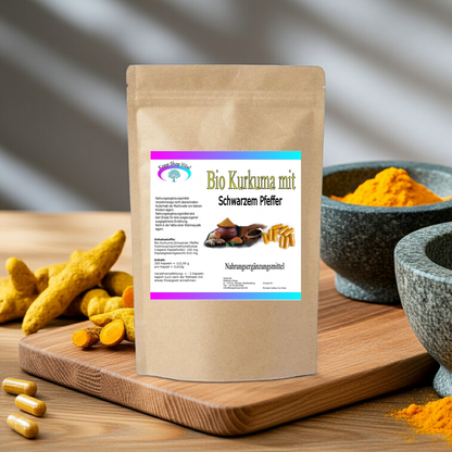 Bio Kurkuma Pulver mit Bio Schwarzen Pfeffer  200 Kapseln (Nachfüllpack)