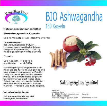 Bio Ashwagandha Kapseln 180 Kapseln            (Nachfüllpack)