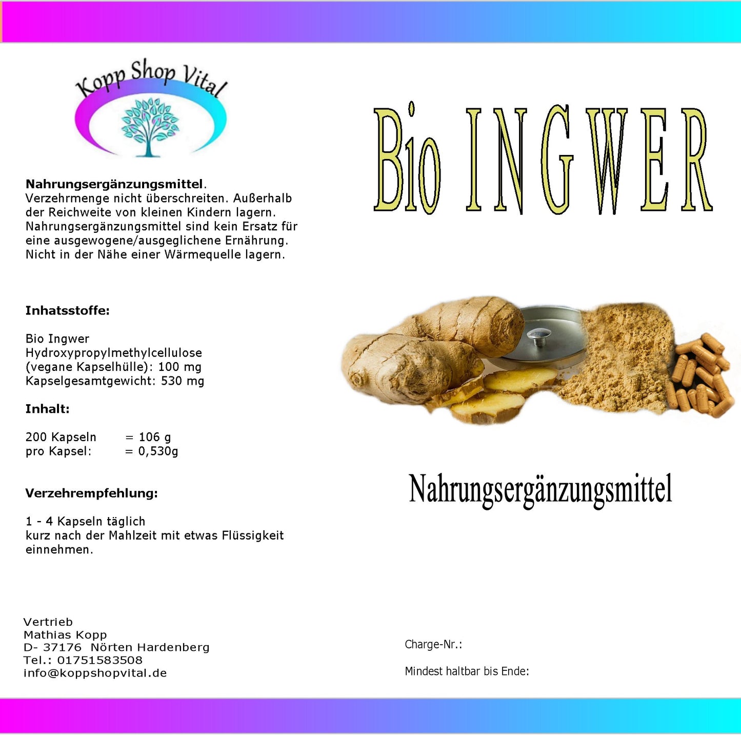 Bio Ingwerwurzel-Pulver    200  Kapseln      (Nachfüllpack)