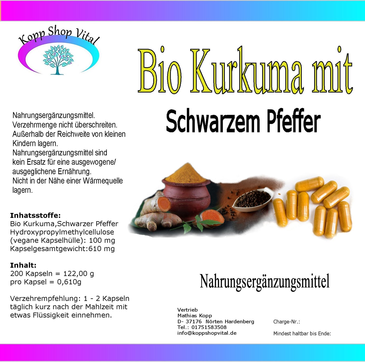 Bio Kurkuma Pulver mit Bio Schwarzen Pfeffer  200 Kapseln (Nachfüllpack)