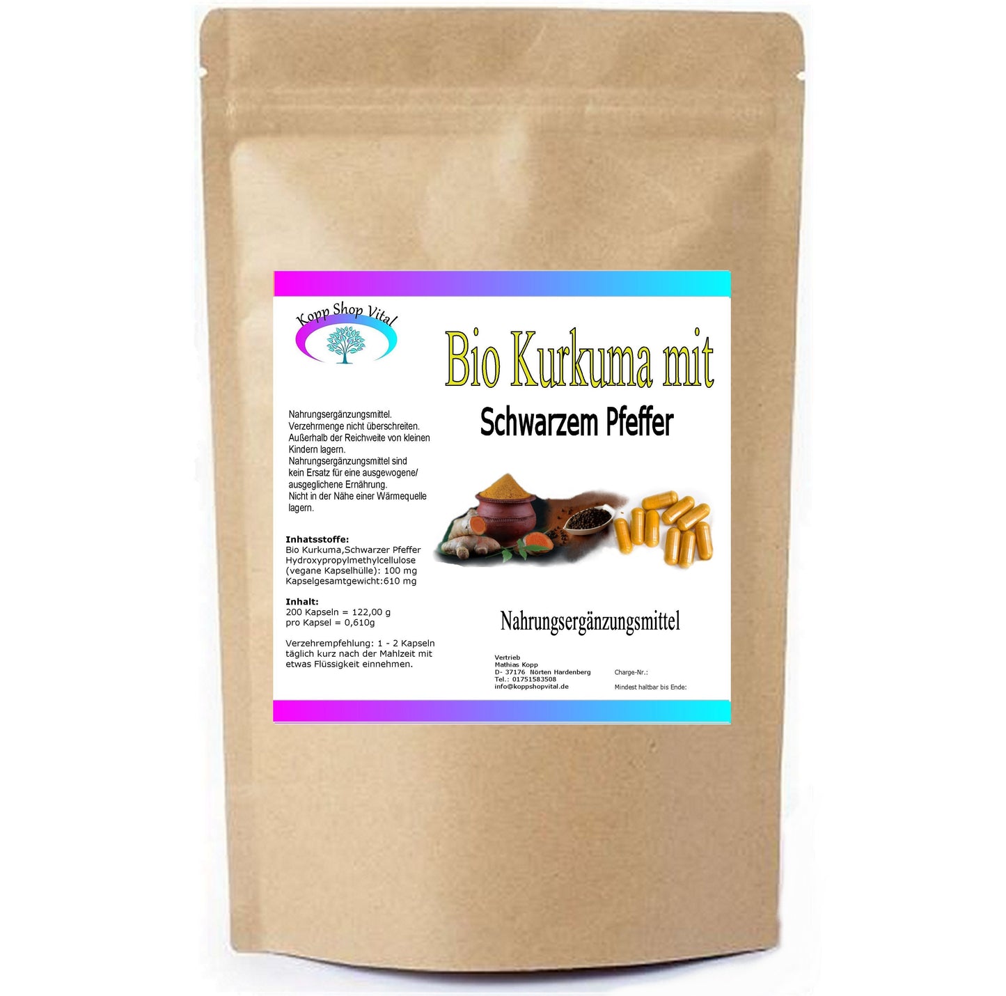 Bio Kurkuma Pulver mit Bio Schwarzen Pfeffer  200 Kapseln (Nachfüllpack)