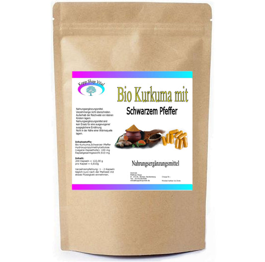 Bio Kurkuma Pulver mit Bio Schwarzen Pfeffer  200 Kapseln (Nachfüllpack)