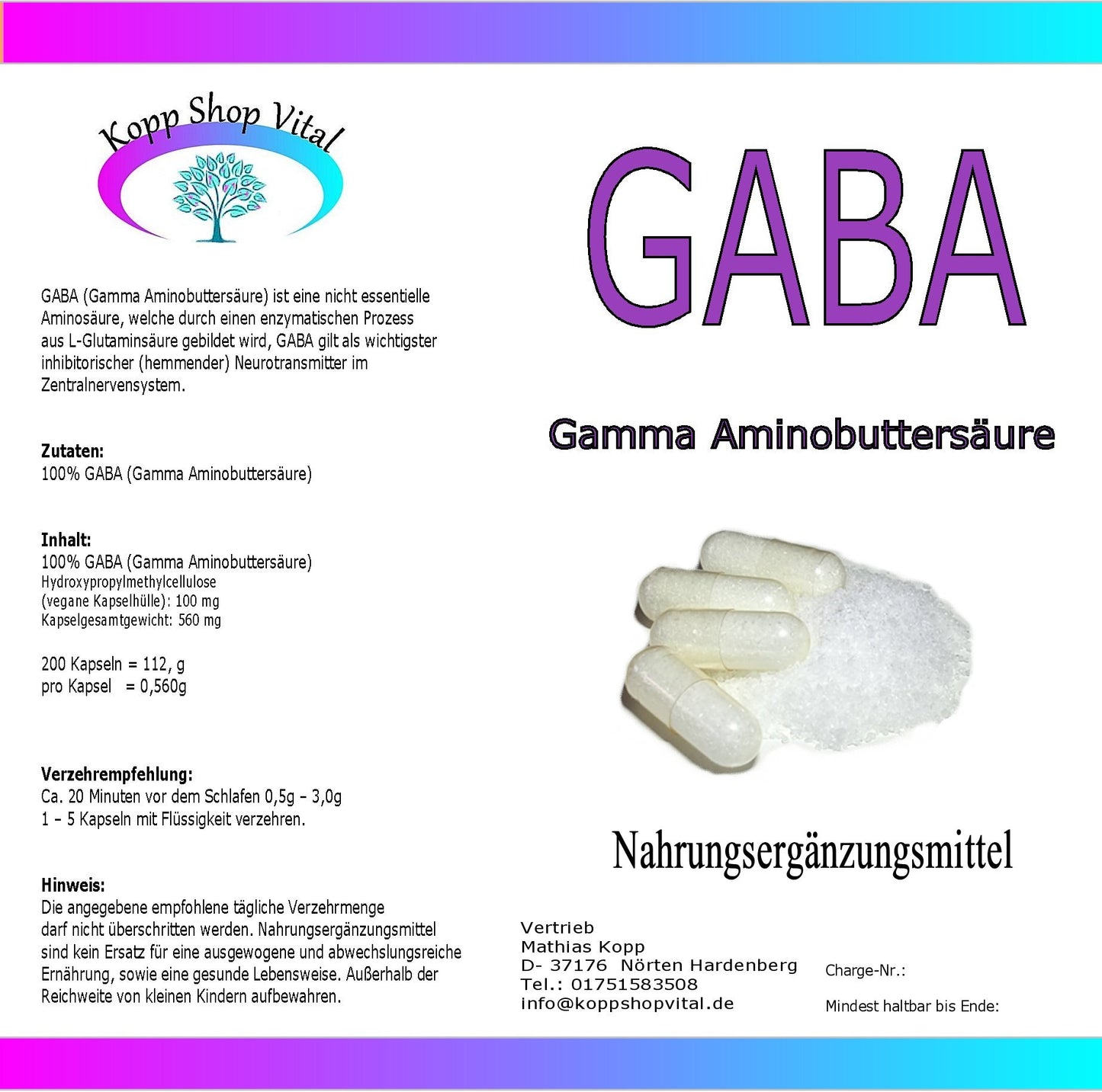 GABA (Gamma Aminobuttersäure)  200 Kapseln (Nachfüllpack)