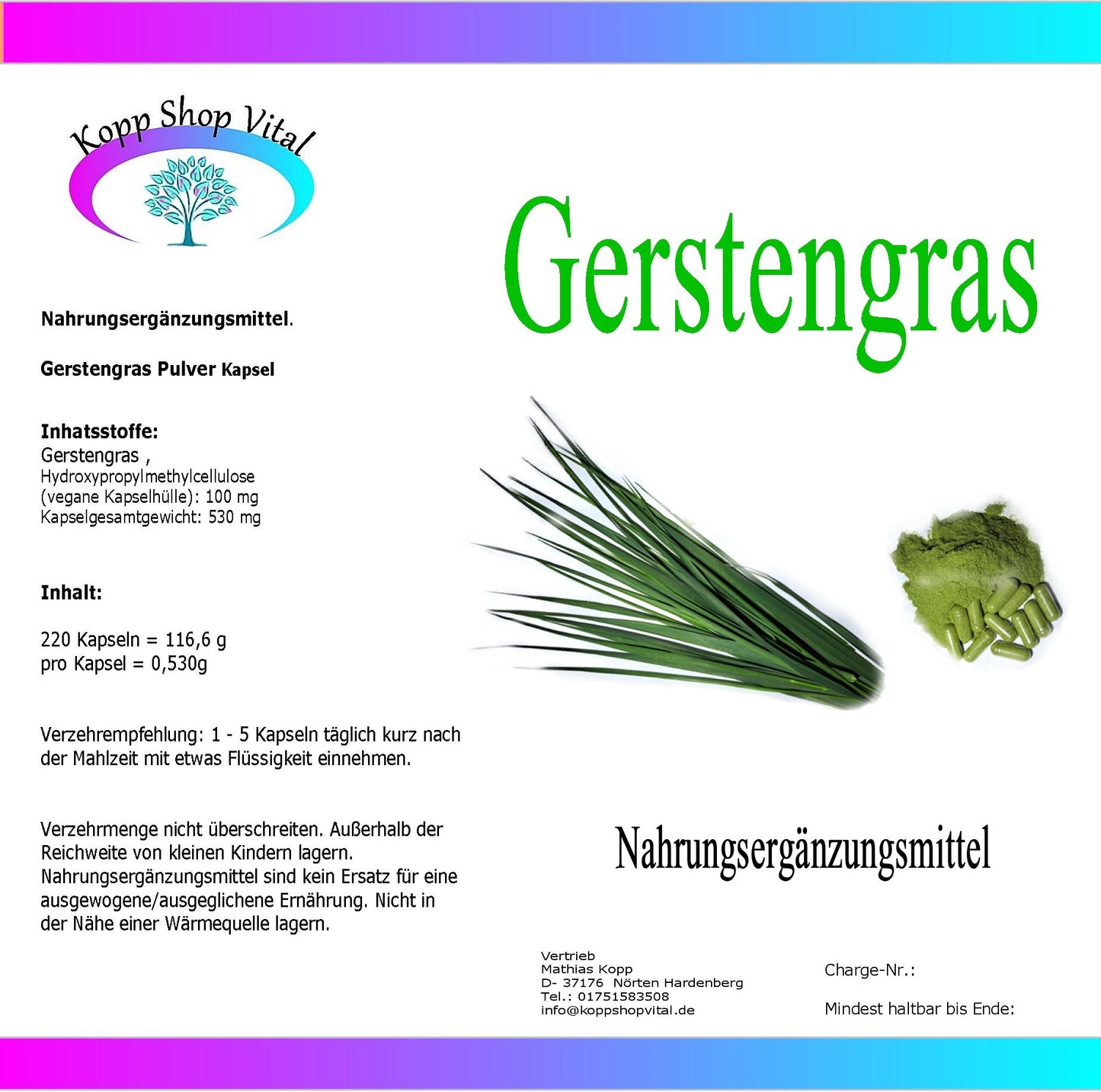 Gerstengras gemahlen 220 Kapseln   (Nachfüllpack)