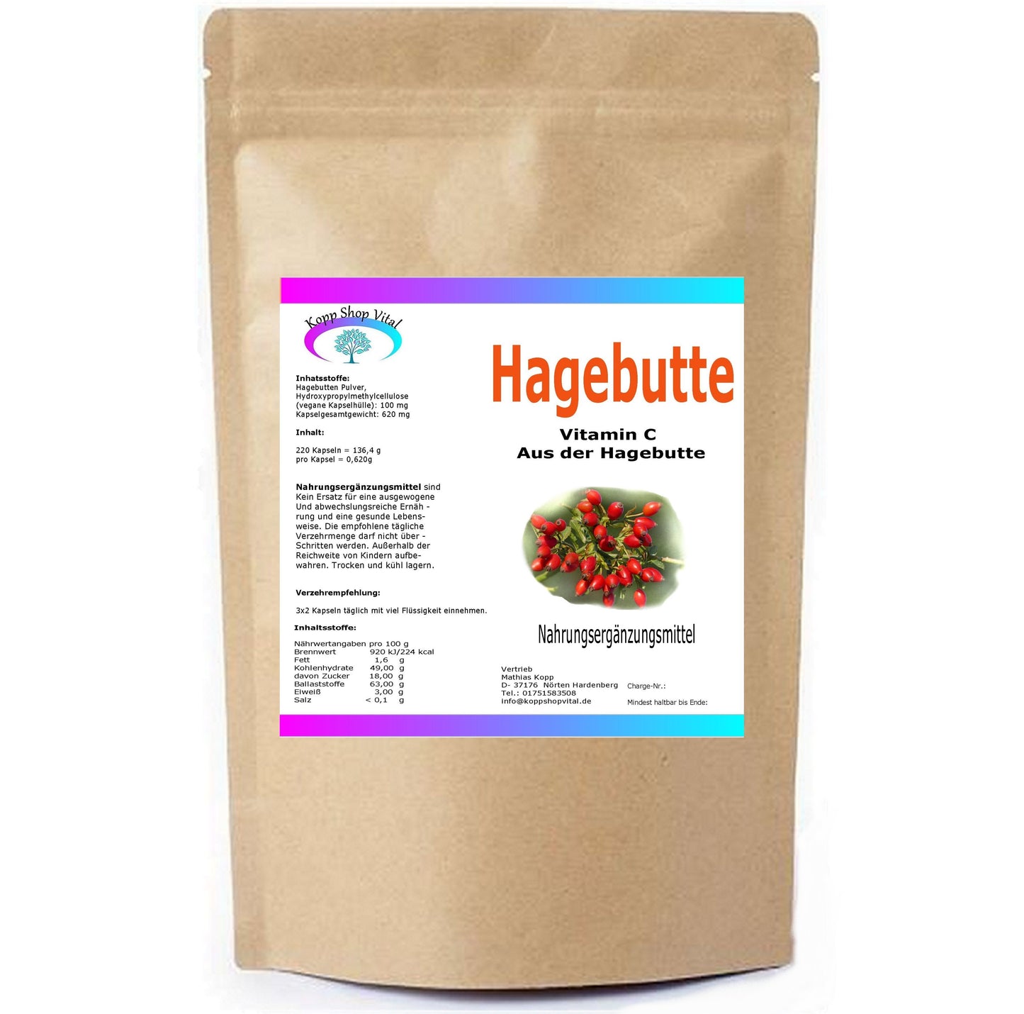 Hagebuttenpulver 220 Kapseln   Nachfüllpack   – vegan, ohne Zusätze