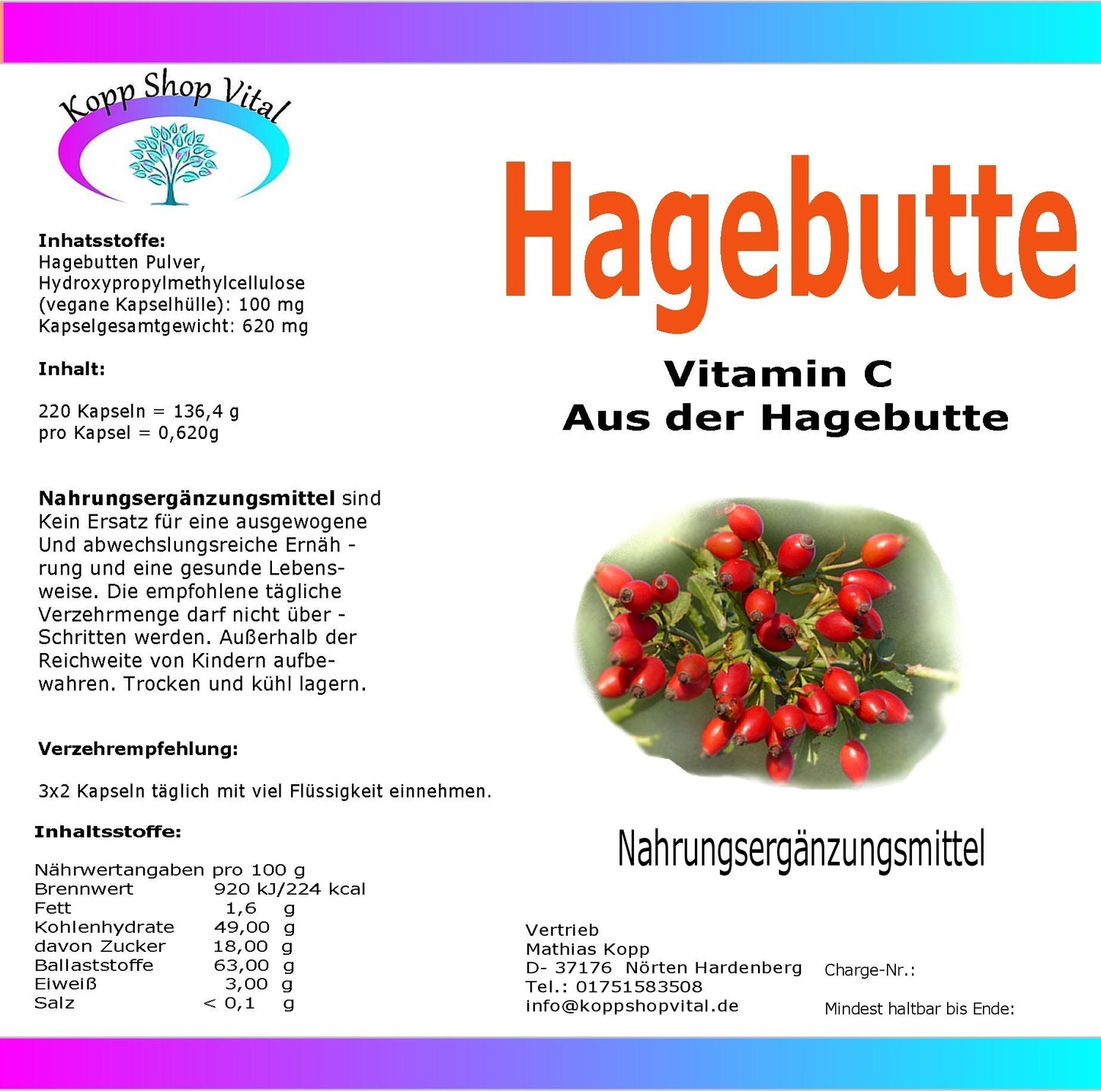 Hagebuttenpulver 220 Kapseln   Nachfüllpack   – vegan, ohne Zusätze