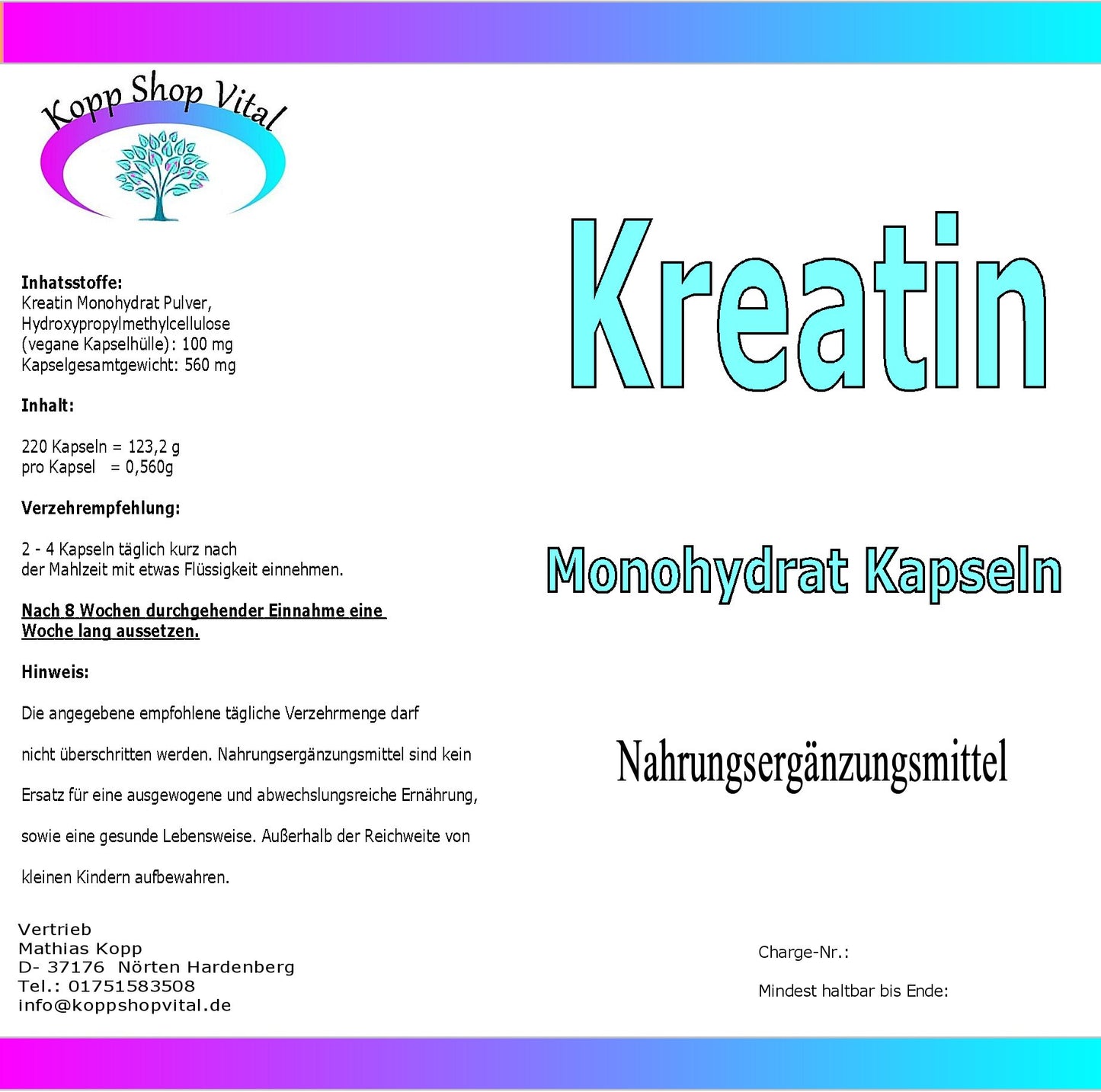 Kreatin Monohydrat 220 Kapseln   (Nachfüllpack)