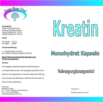 Kreatin Monohydrat 220 Kapseln   (Nachfüllpack)