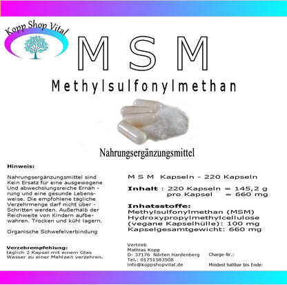 MSM 220 Kapsel      Methylsulfonylmethan.       Organische Schwefelverbindung   (Nachfüllpack)