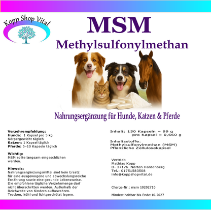 MSM 150 Kapseln für Hunde, Katzen & Pferde | Methylsulfonylmethan (MSM) (Nachfüllpack)
