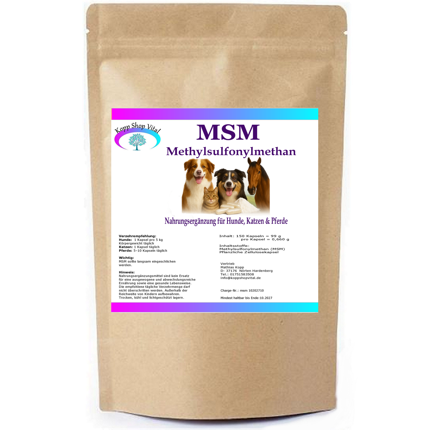 MSM 150 Kapseln für Hunde, Katzen & Pferde | Methylsulfonylmethan (MSM) (Nachfüllpack)