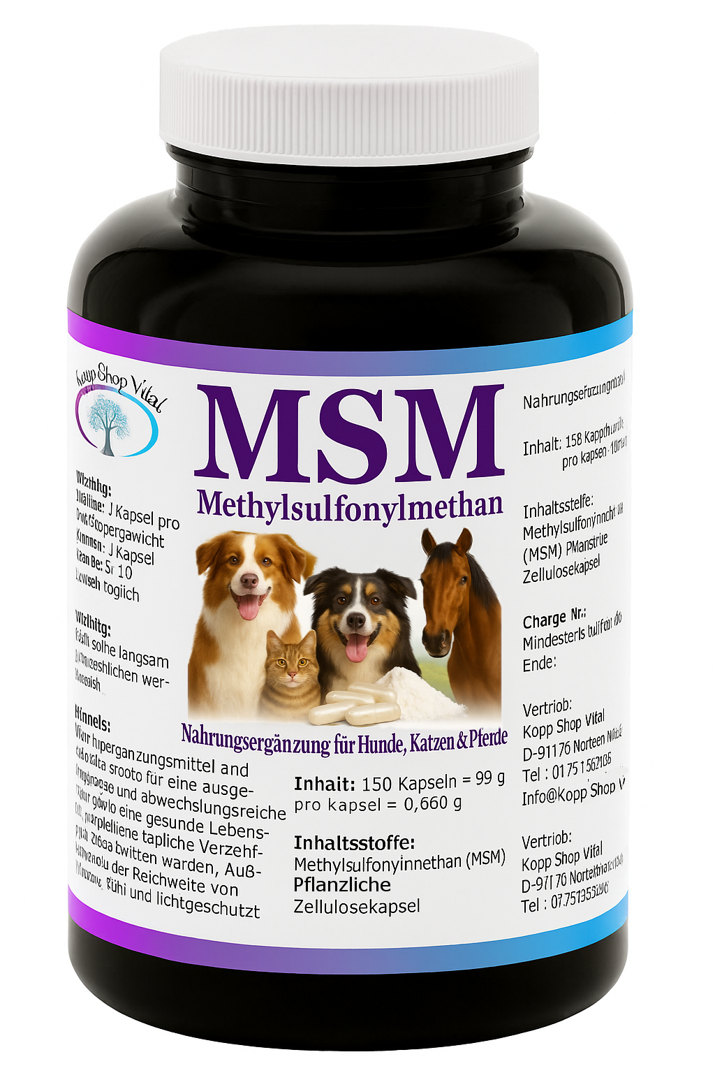 MSM 150 Kapseln für Hunde, Katzen & Pferde | Methylsulfonylmethan (MSM)