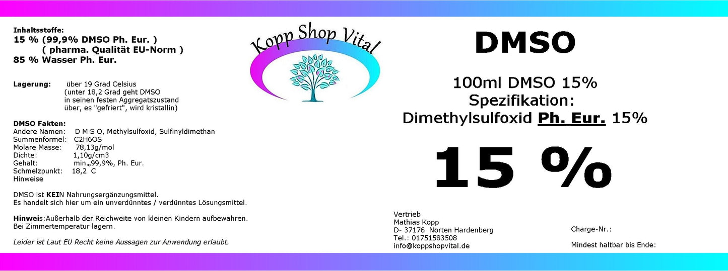 DMSO 15 %       Dimethylsulfoxid  (Ph. Eur.) in Braunglasflasche mit Tropfeinsatz 100 ml