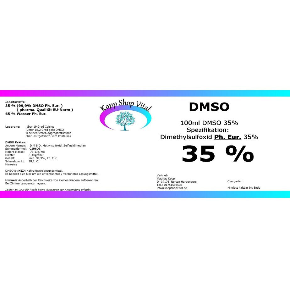 DMSO 35 %       Dimethylsulfoxid  (Ph. Eur.) in Braunglasflasche mit Tropfeinsatz 100 ml