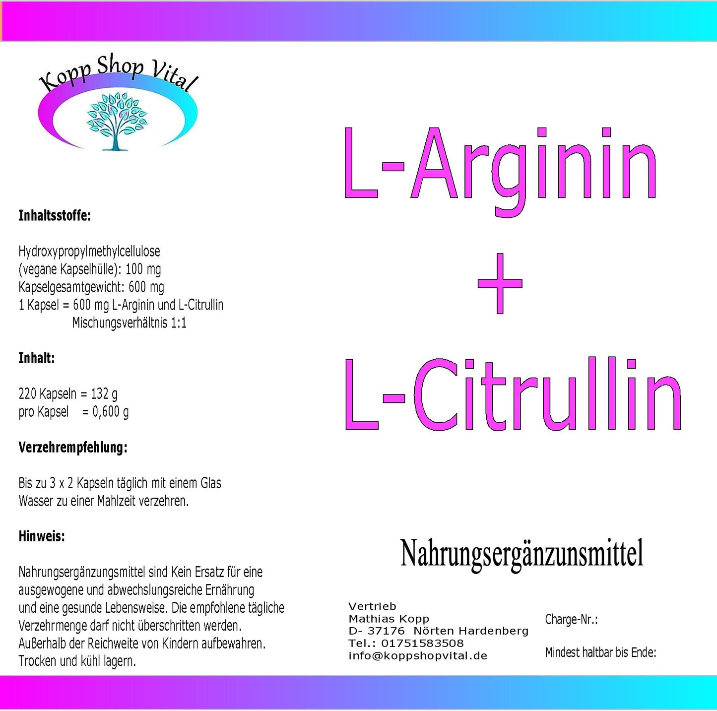 L-Arginin / L-Citrullin Base 220 Kapseln  (Nachfüllpack)